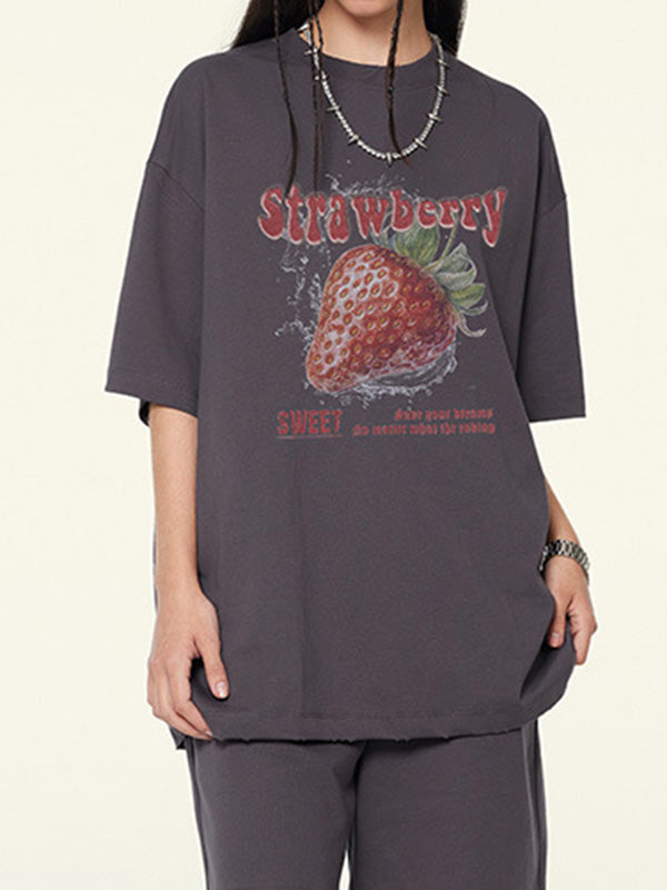Strawberry Print Oversized Short Sleeve Tee