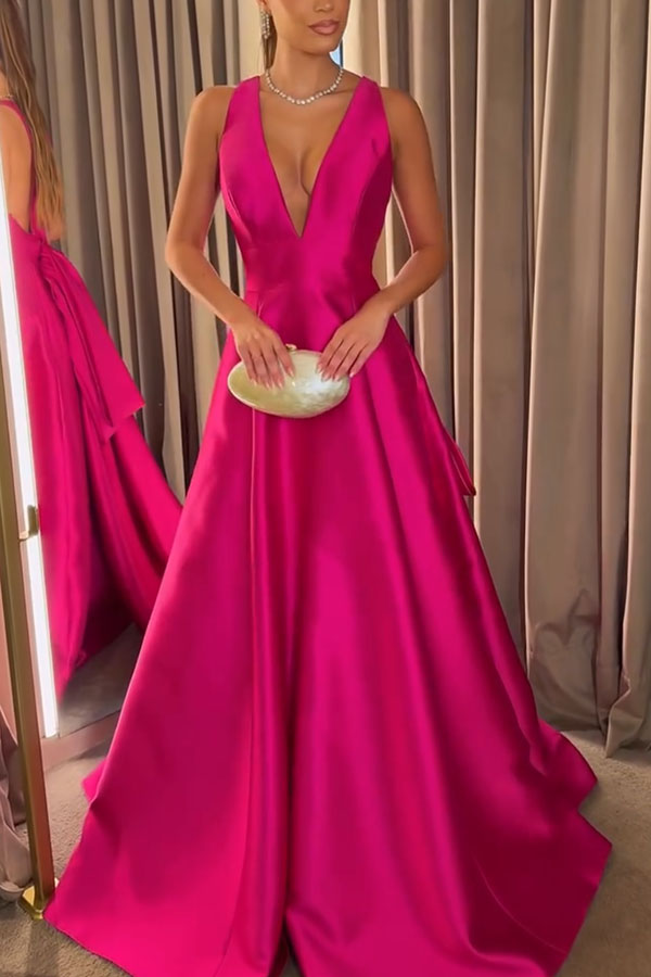 Modern Charm Satin Back Bow Detail Pocketed Porm Maxi Dress