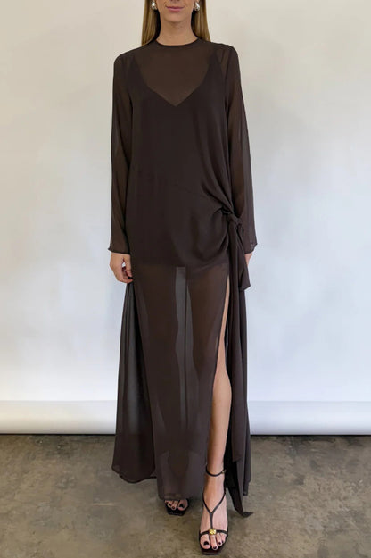 Fashionable Mesh See-through Round Neck Long Sleeve Tie Bow Slit Maxi Dress