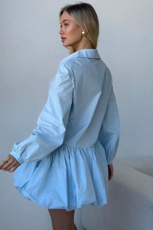 Collared Button Front Puff Sleeve Drop Waist Bubble Hem Mini Shirt Dress