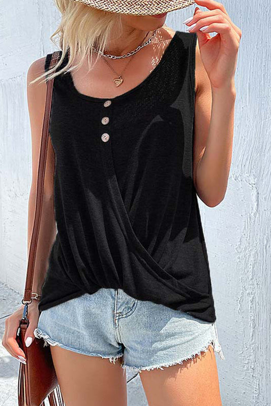 Kink T-Shirt Solid Color Cross Button Round Neck Sleeveless Tank Top