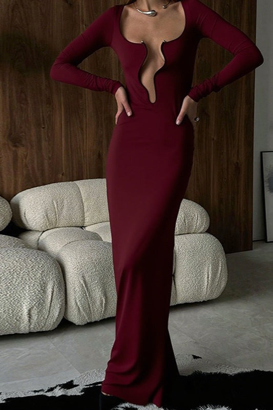 Long Sleeve Plunge Cutout Wired Trim Bodycon Column Maxi Gown