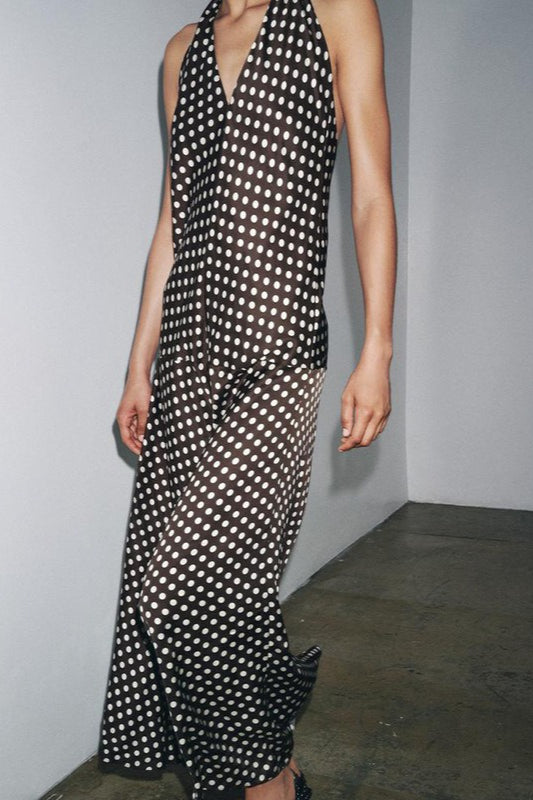 Polka Dot Halter Neck Deep V-Neck Column Maxi Dress