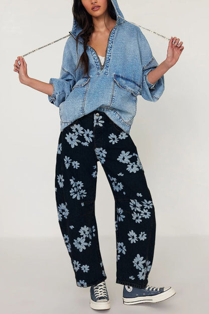 Fashionable Printed Casual Loose Mid-rise Pocket Leg Jeans