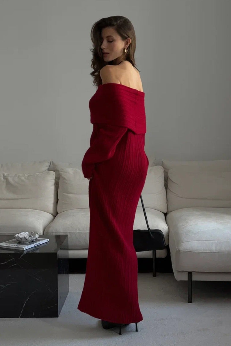 | Solid Off Shoulder Bodycon Knit Maxi Dress