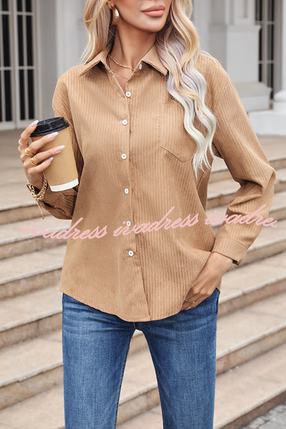Tiko Miko Corduroy Button Down Long Sleeve Pocket Striped Shirt