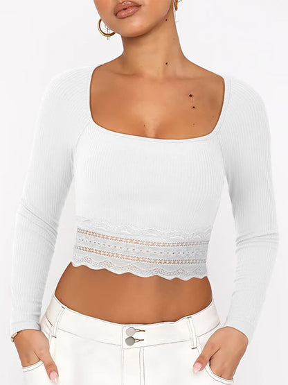 Solid Color Lace Hem Square Neck Crop Long Sleeve Knit