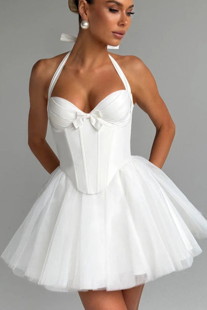 Halter Tie Neck Sweetheart Boned Corset Tulle Tutu Mini Dress
