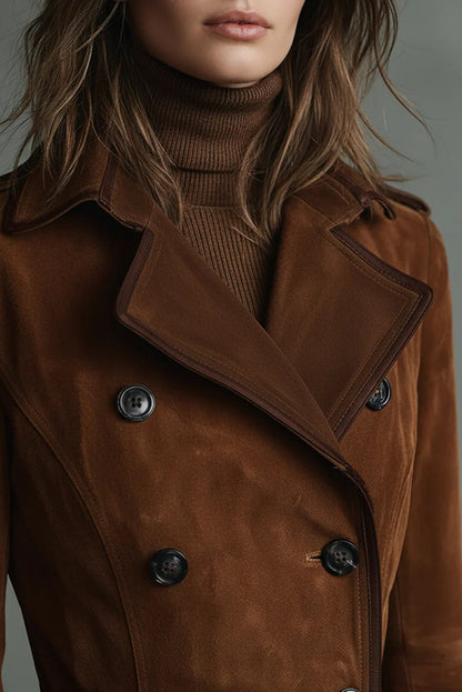 Stylish Suede Lapel Button Casual Pocket Long Trench Coat