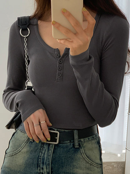 Solid Color Rib High Elastic Breasted Long Sleeve Knit