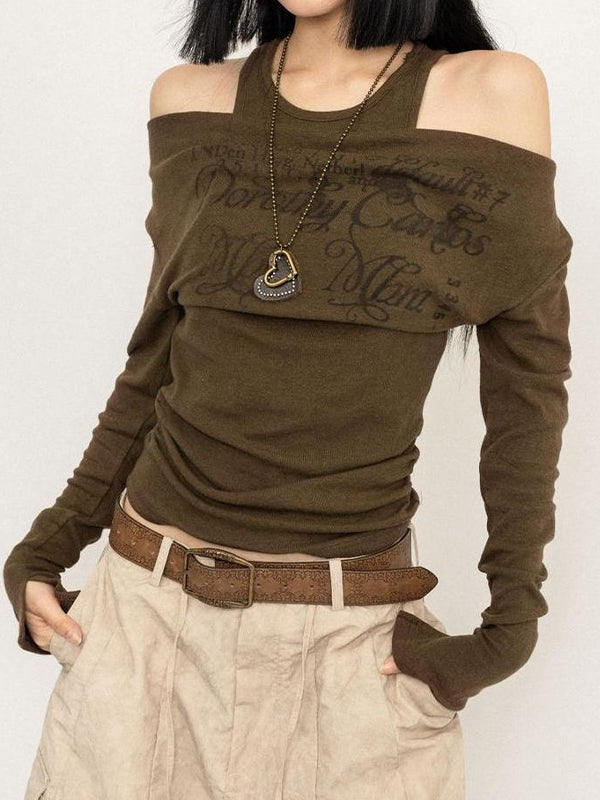 One Shoulder Fake Two Piece Print Long Sleeve Tee