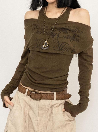 One Shoulder Fake Two Piece Print Long Sleeve Tee