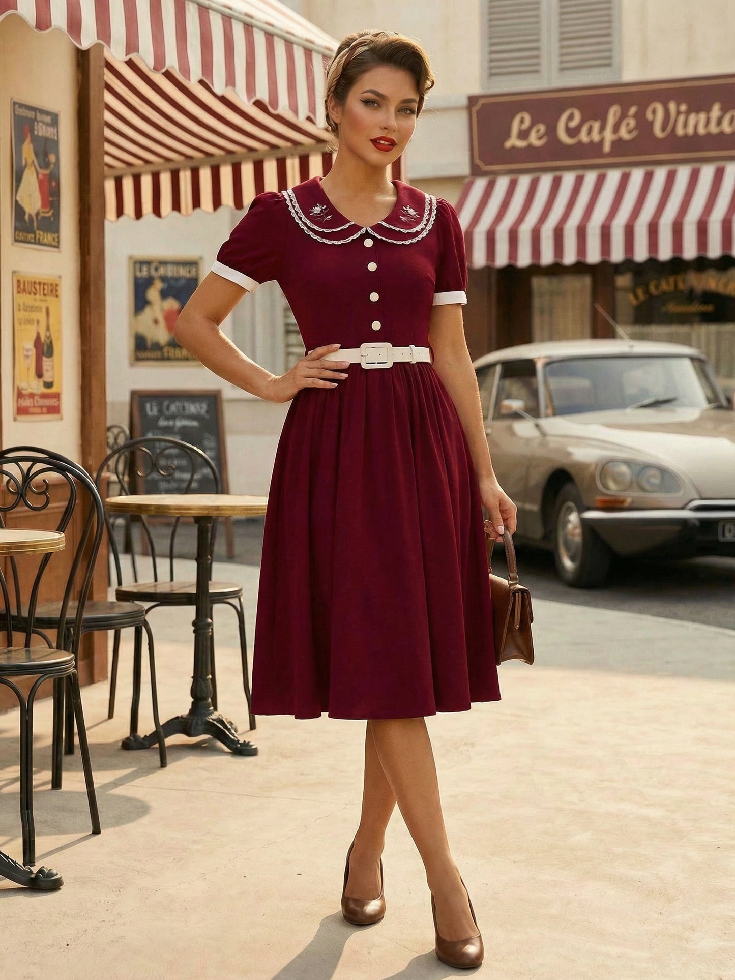 Double Layer Peter Pan Collar Embroidery Puff Sleeve Swing Dress For Women 2026
