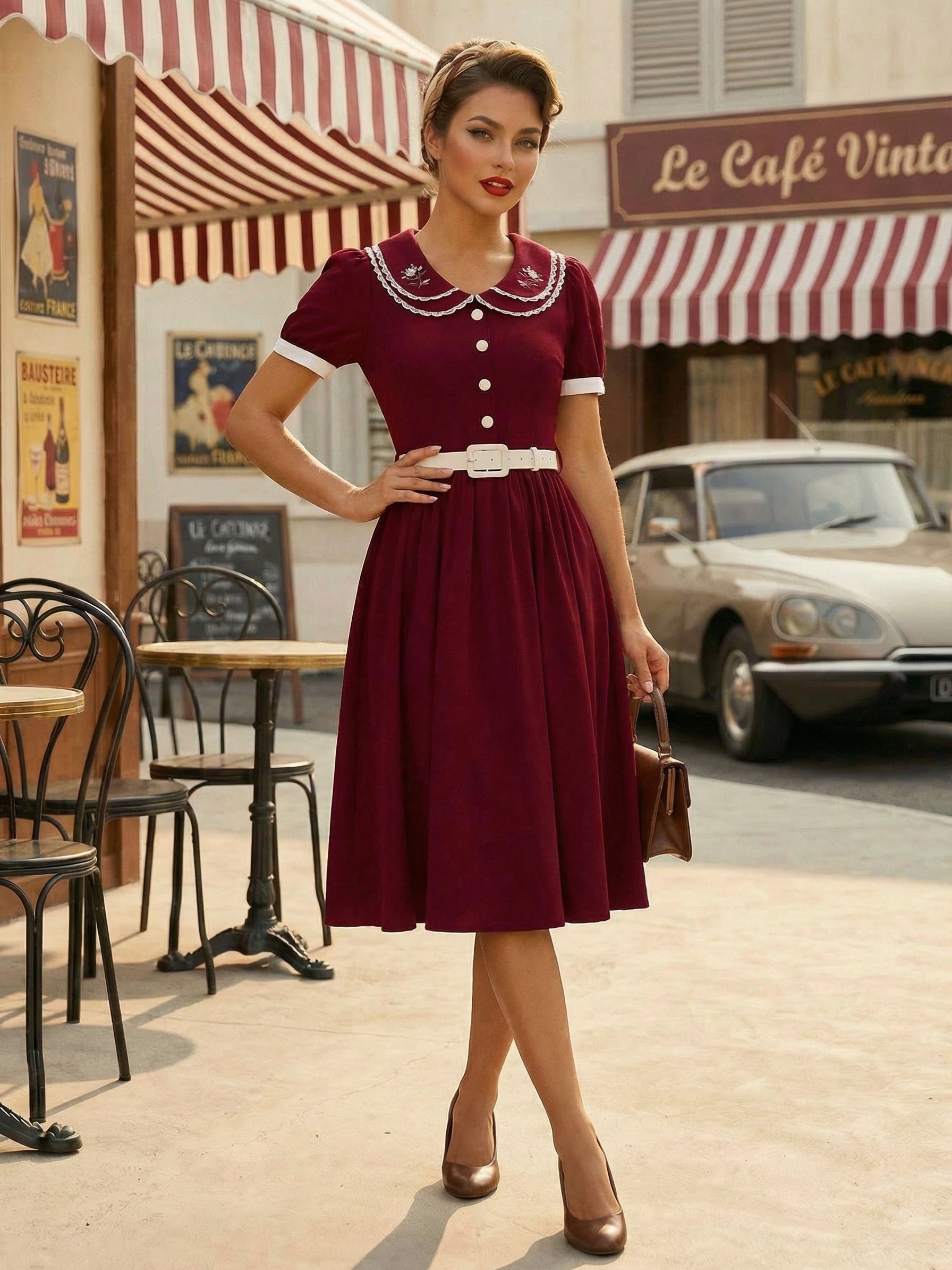 Double Layer Peter Pan Collar Embroidery Puff Sleeve Swing Dress For Women 2026