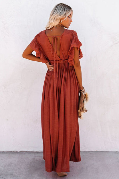Deep V-Neck Flutter Sleeve Button Front Drawstring Waist Maxi Dress