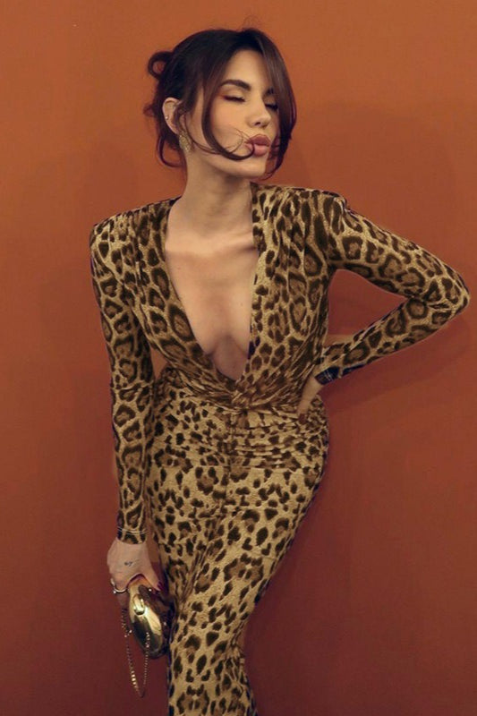 Print Plunging V-Neck Knot Front Long Sleeve Maxi Dress