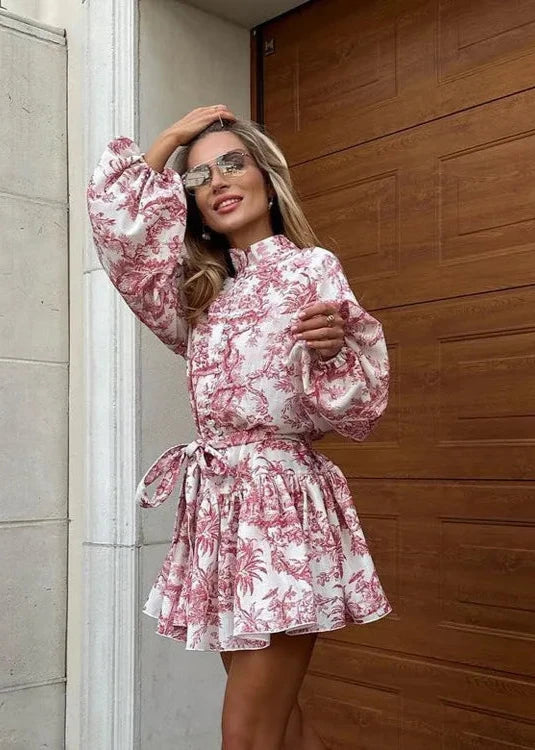 Toile Print Mandarin Collar Puff Sleeve Tie Waist A-Line Mini Dress