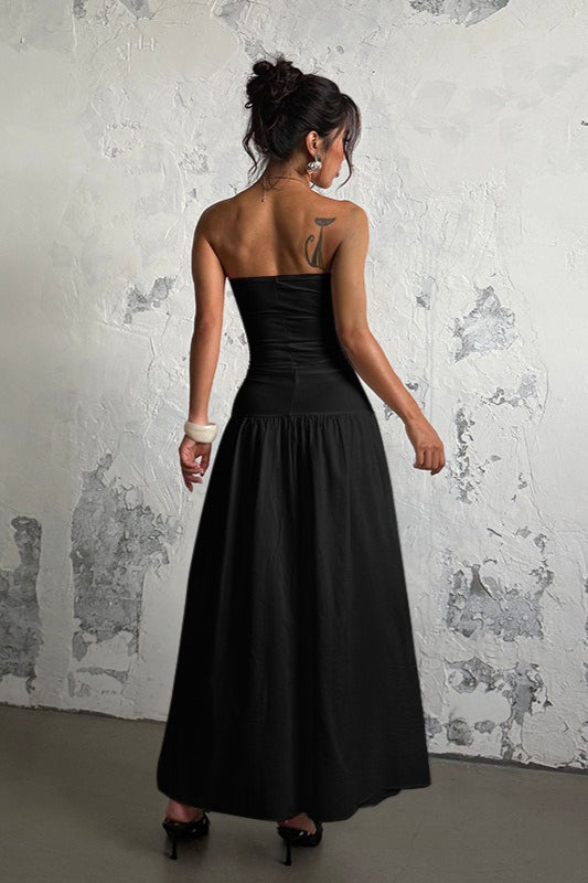 Strapless Twist Front Cutout Ruched Tiered Maxi Dress