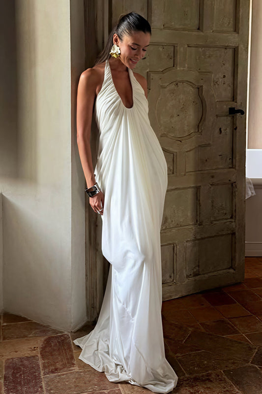 | Loose V Neck Ruffled Halter Tulle Maxi Dress