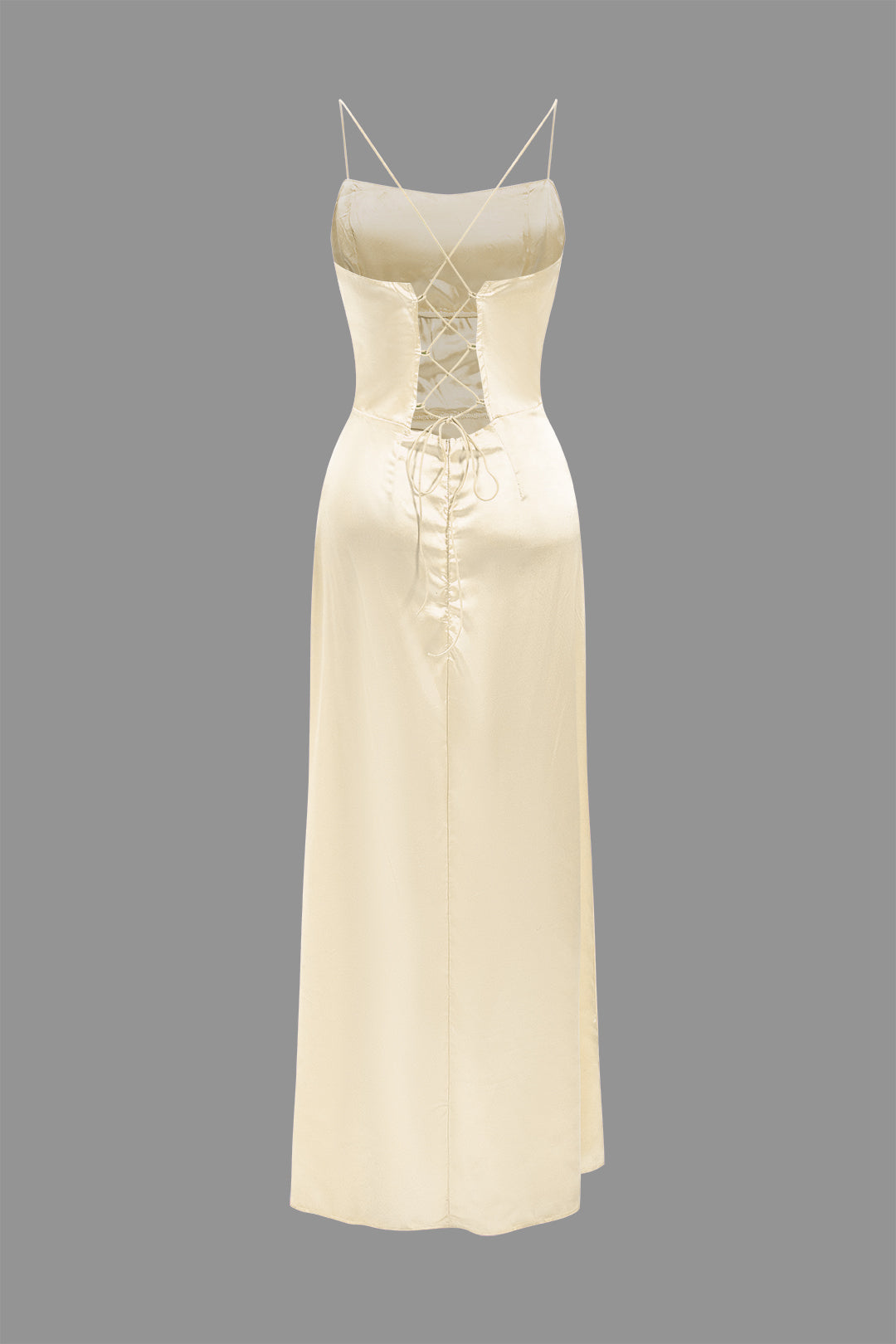 Cowl Neck Corset Bodice Spaghetti Strap Satin High Slit Maxi Dress