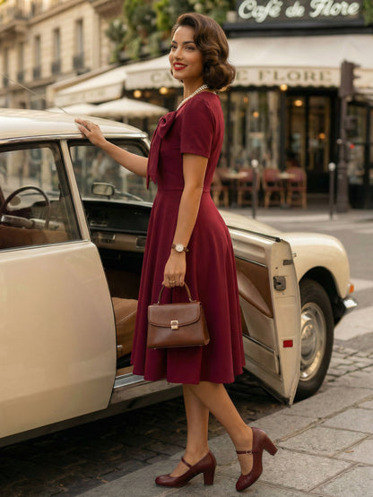 Side Bow Knot Crew Neck Short Sleeve A Line Swing Dress For Women 2026