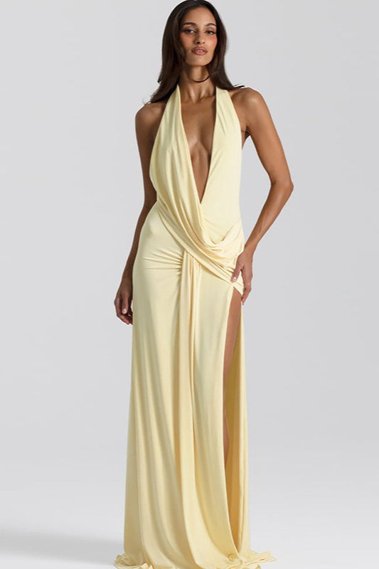 | Solid Halter Deep V Backless Slit Maxi Dress