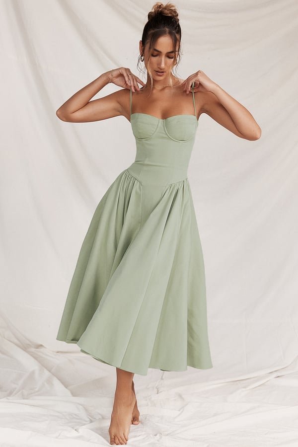 Corset Bustier Spaghetti Strap Basque Waist Pleated Midi Dress