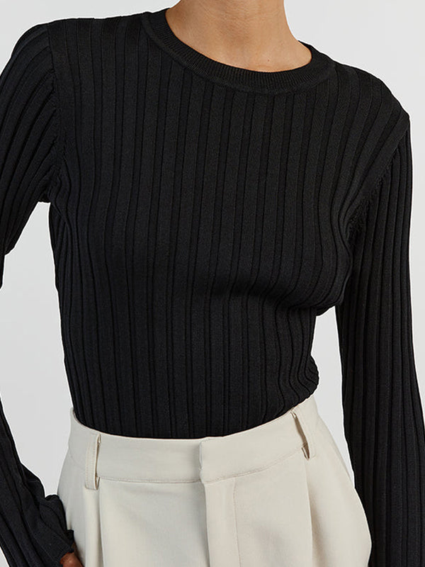 Solid Ribbed Crew Neck Long Sleeve Knit