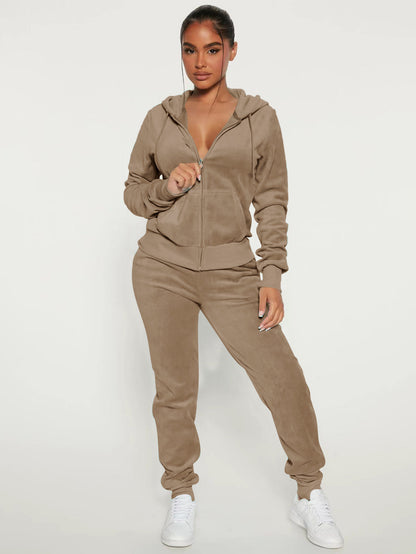Velour Zip Up Slim Fit Hoodie Jogger Set For Women 2026
