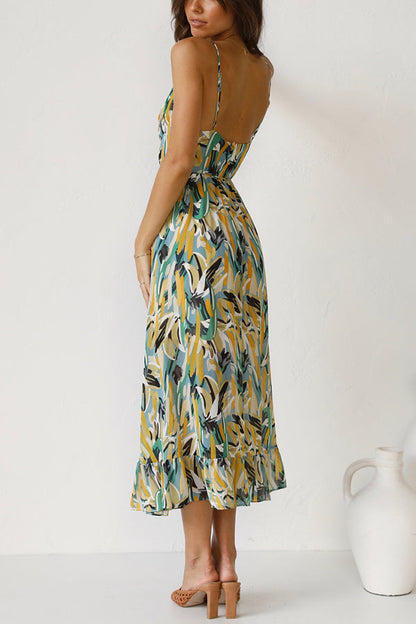 Abstract Brushstroke Print Spaghetti Strap Ruched Cup Tie-Waist Ruffle Hem Midi Dress