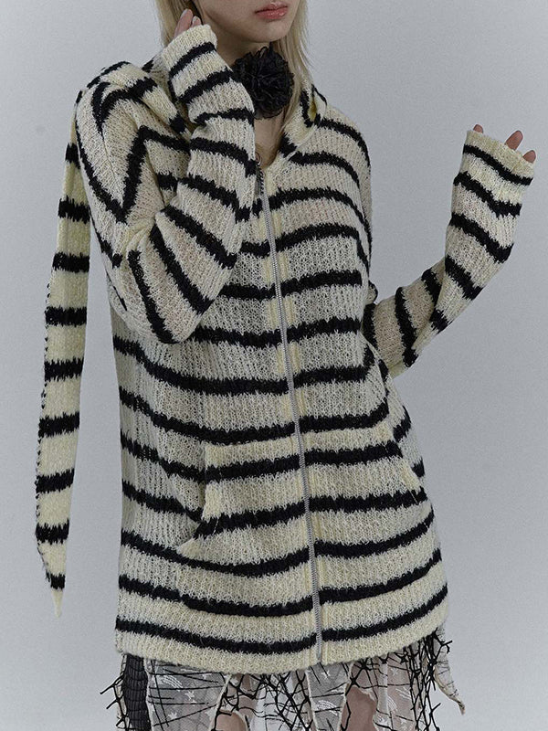 Rabbit Ear Styling Hooded Stripe Cardigan