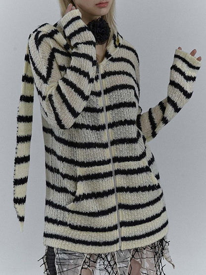 Rabbit Ear Styling Hooded Stripe Cardigan
