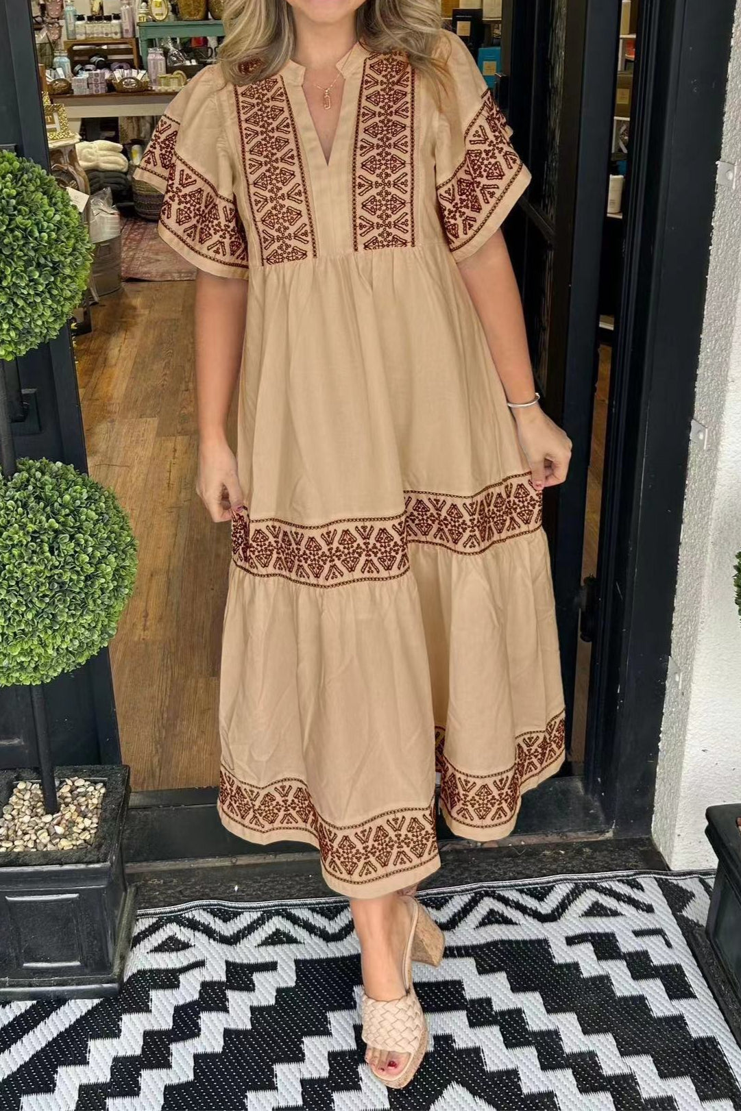 Mandarin Collar Flutter Sleeve Embroidered Trim Tiered Boho Midi Dress