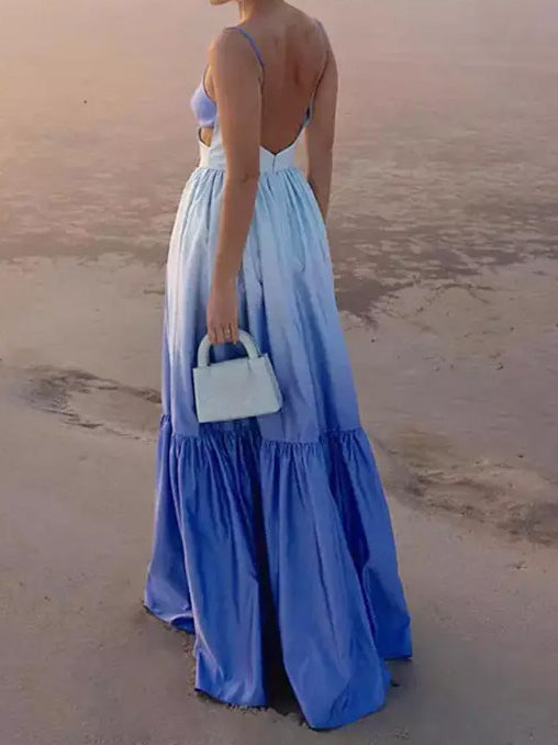 Gradient Maxi Slip Dress for Women - Blue Boho Side Cutout V Neck Tiered A Line Sundress - Summer Beach Vacation 2026