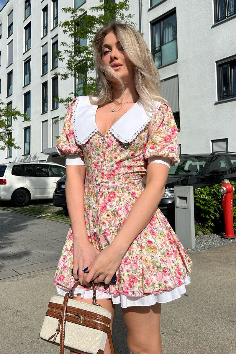 Floral Print Oversized Eyelet Lace Collar Puff Sleeve Tiered Hem Mini Dress