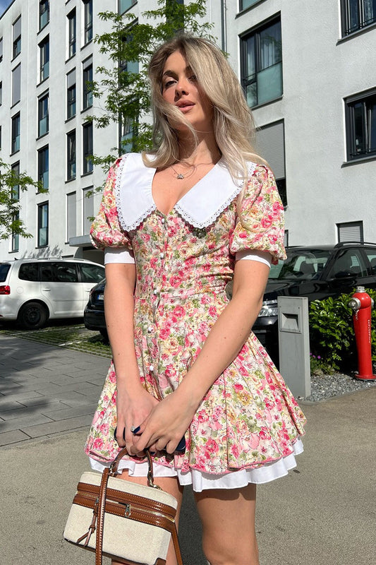 Floral Print Oversized Eyelet Lace Collar Puff Sleeve Tiered Hem Mini Dress
