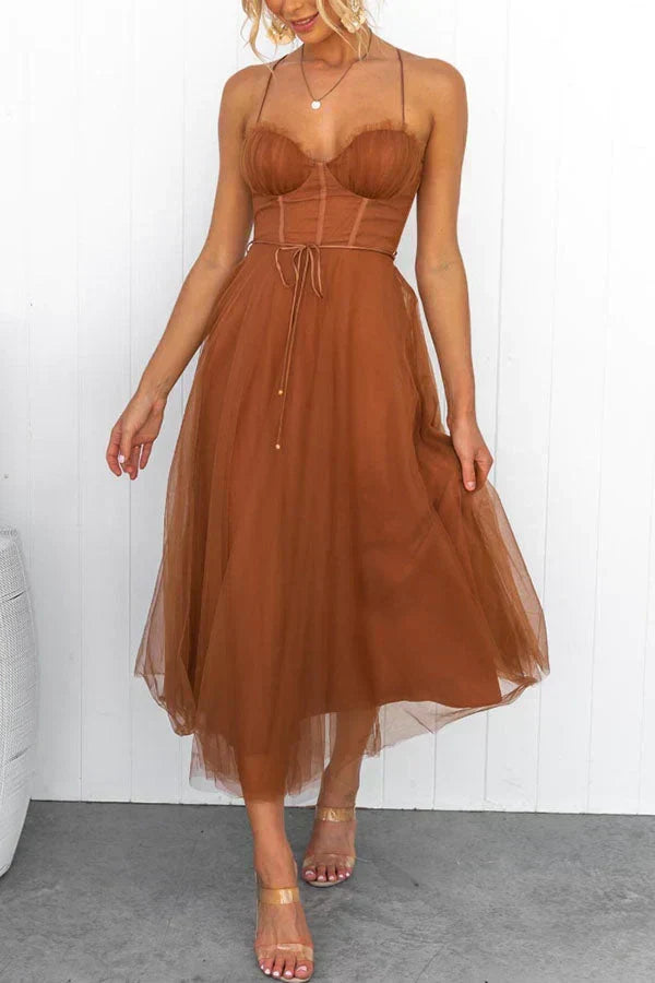 Sweetheart Neck Spaghetti Strap Corset Lace Up Tulle Skirt Midi Dress
