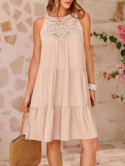 Crochet Lace Halter Neck Tiered Ruffle Mini Dress