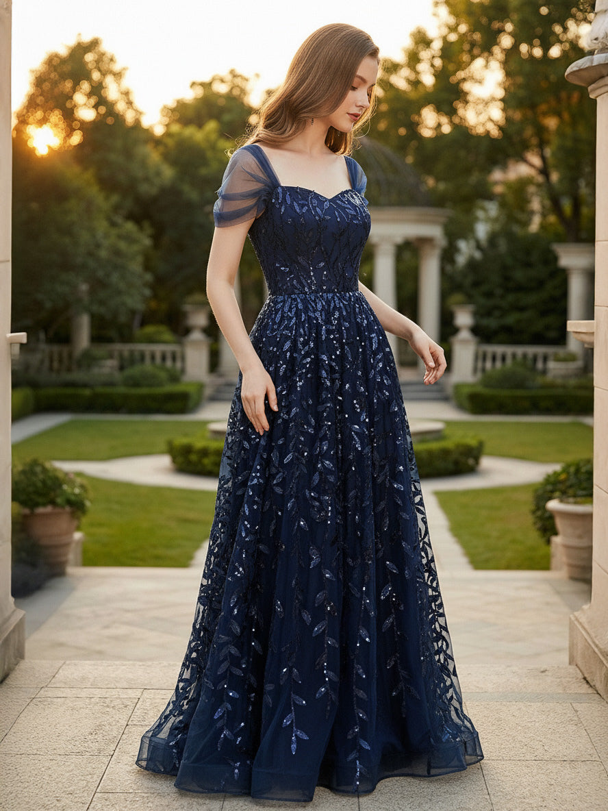 Deep Blue Sequin Maxi Prom Dress with Sweetheart Neckline and Off-shoulder For Summer 2026