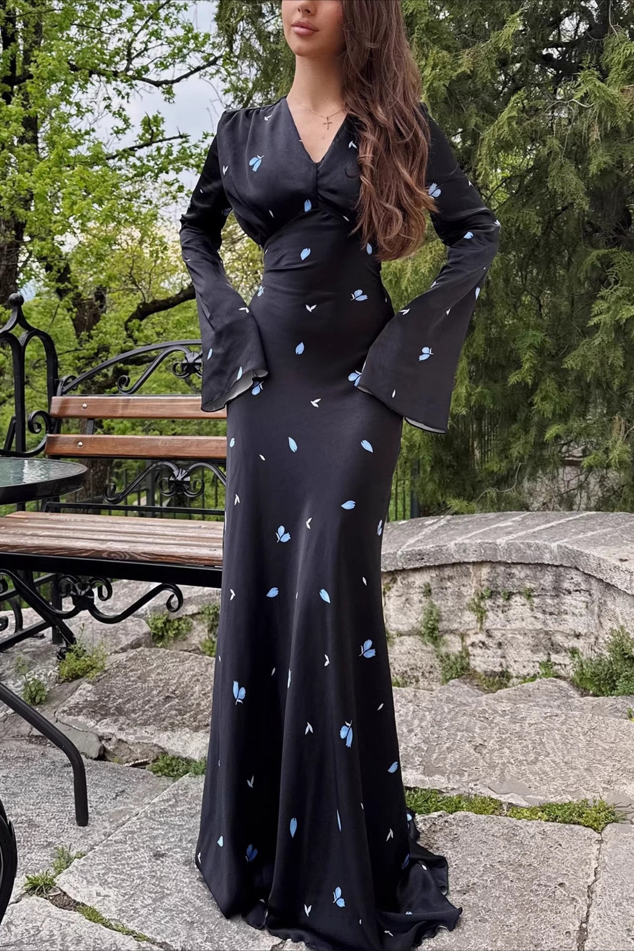 Deep V Neck Bell Sleeve Scattered Floral Satin Maxi Gown