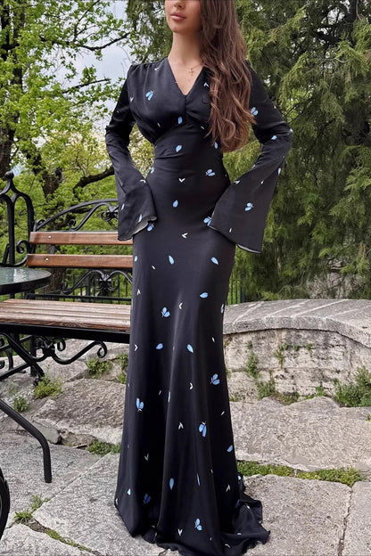 Deep V Neck Bell Sleeve Scattered Floral Satin Maxi Gown
