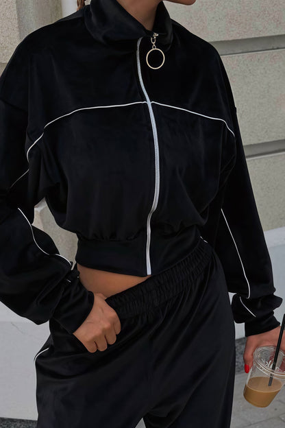| Velvet Collar Zipper Long Sleeve Two Piece Set