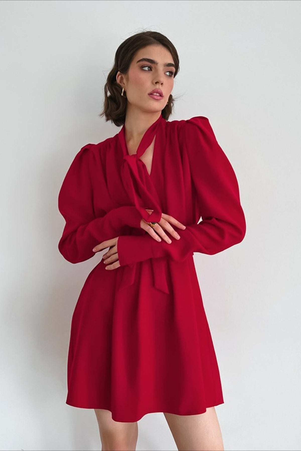 Choker Neck Deep V Neck Puff Shoulder Tie Waist Wrap Mini Dress
