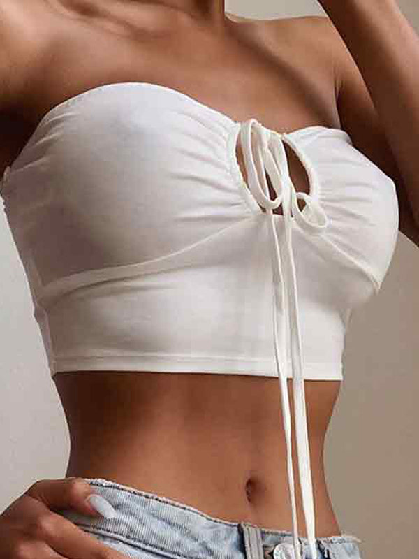 Solid Color Cutout Halter Tie Up Bandeau Top