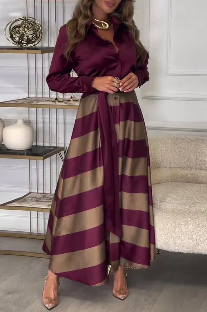 Collared Long Sleeve Button Down Tie Waist Striped Maxi Dress