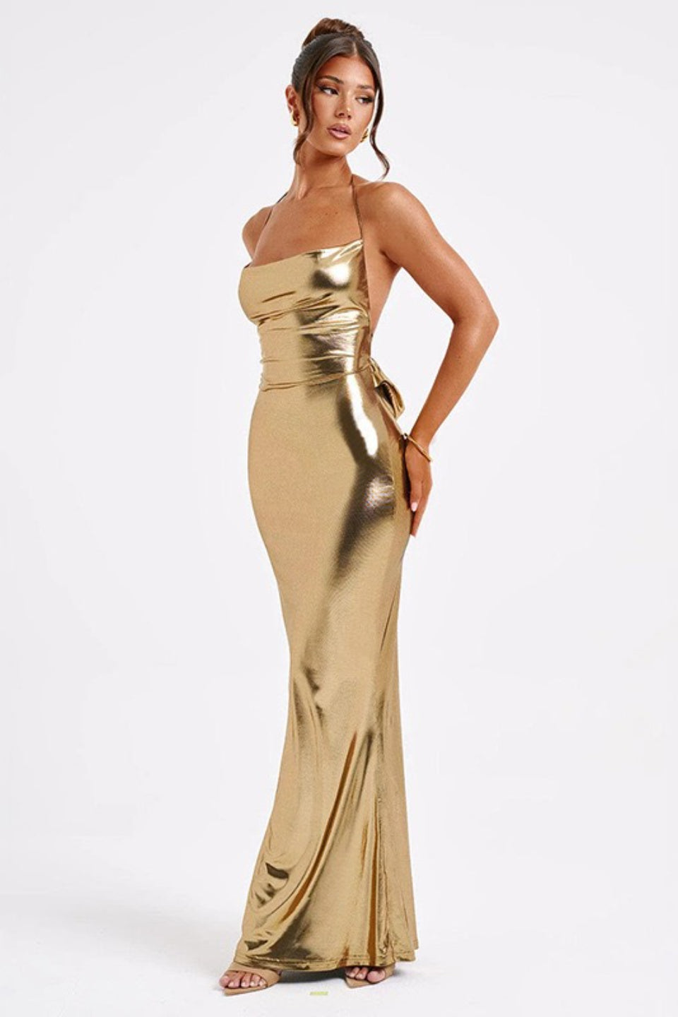 Spaghetti Strap Cowl Neck Liquid Metallic Bodycon Maxi Gown