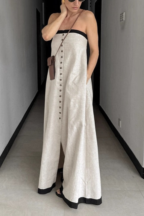 | Linen Cotton Patchwork Bandeau Maxi Dress