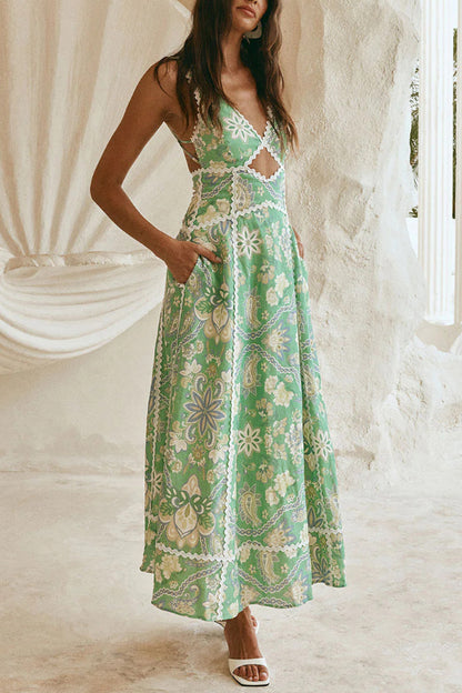 Linen Blend Unique Print V-neck Sleeveless Cutout Waist-cinching Maxi Dress
