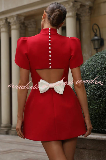 Sweet Moment Slit Short Sleeve Backless Removable Satin Bow Mini Dress