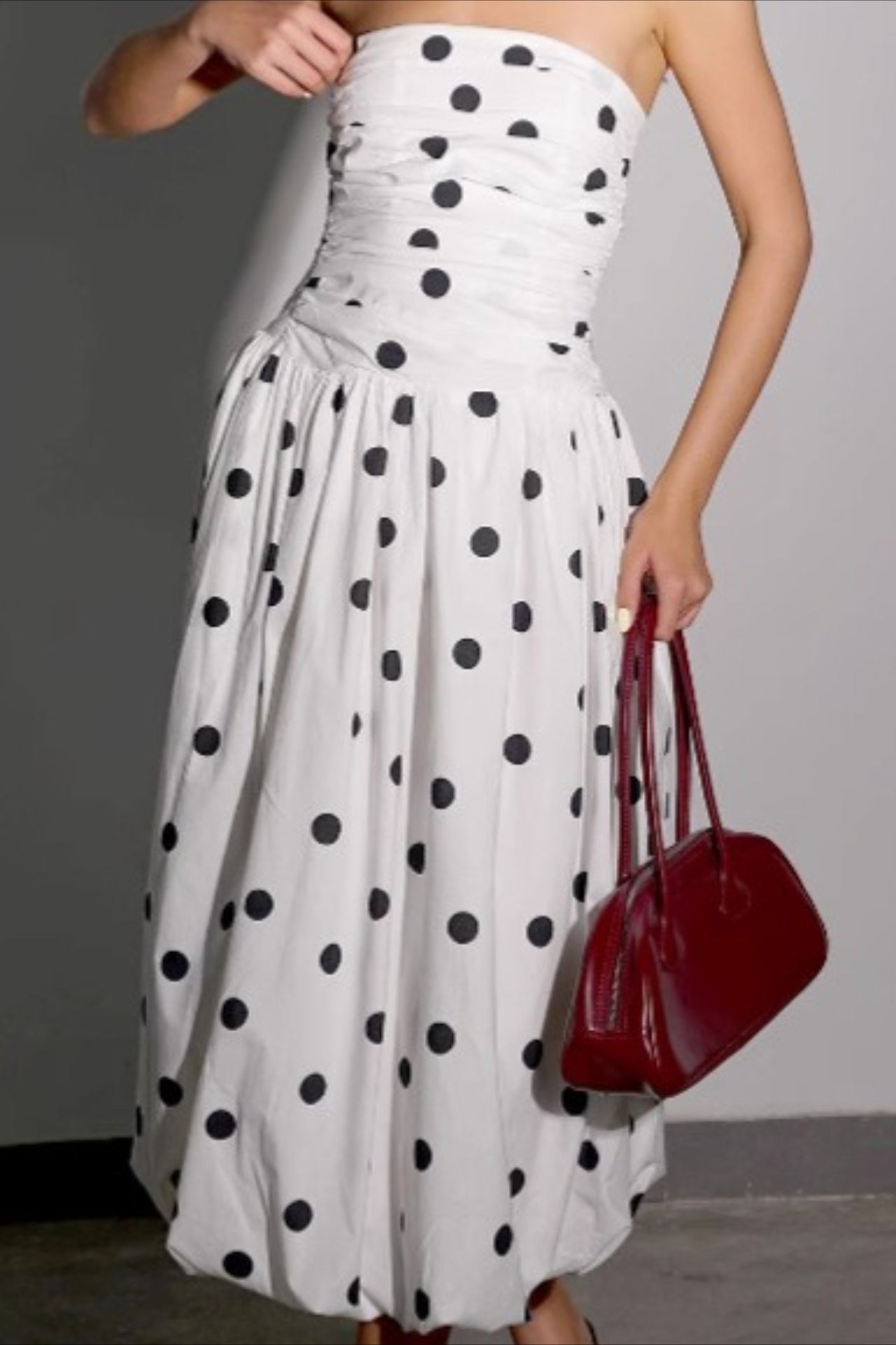 Strapless Ruched Bubble Hem Polka Dot Bodycon Midi Dress